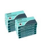 A close-up of stainless steel double-edged razor blades from Arenzza, highlighting their shiny, sharp edges for shaving grooming.