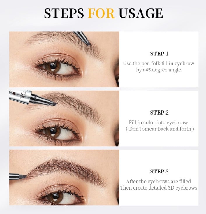 Arenzza waterproof eyebrow pen with four tips for natural-looking brows, displayed with the product and tips visible in the image.