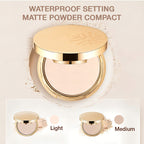 Arenzza waterproof setting matte powder compact for health and beauty, with a sleek, portable design and a mirror inside.
