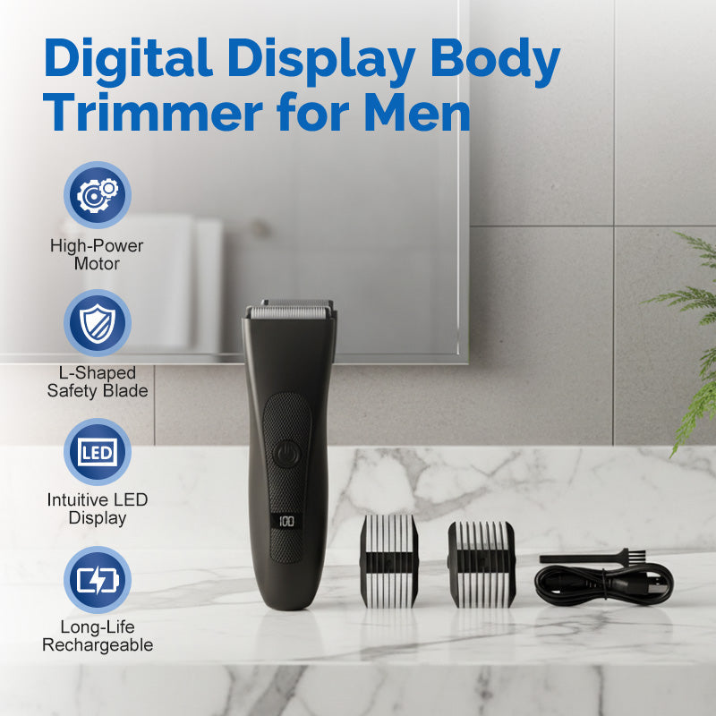 Arenzza digital display body trimmer for men, with adjustable trimming heads and LCD screen, in black and silver color.