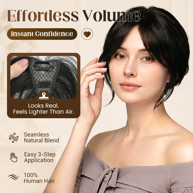 Aarenza partial bangs hair piece in natural hair, designed for added style and volume in health and beauty looks.