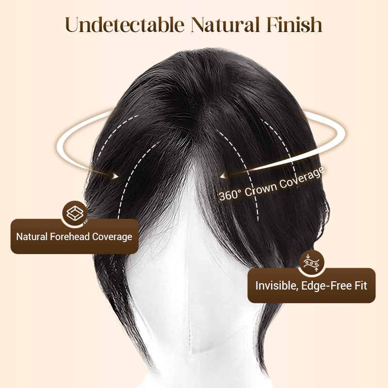 Arenzza partial bangs hair piece in natural brown, styled with soft, layered bangs for a stylish hair accessory.