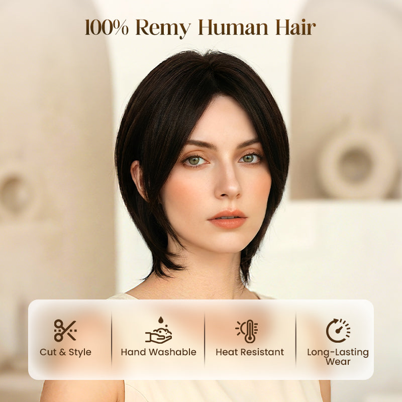 Arenzza 2025 Hot Sale Partial Bangs Hair Piece showing brown hair with styled bangs on a mannequin head.