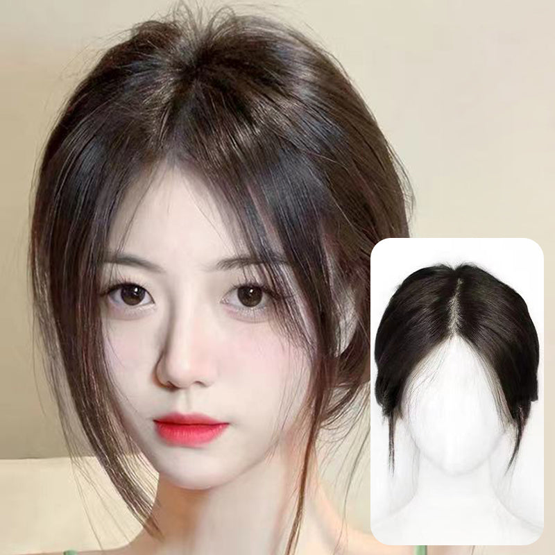 Arenzza partial bangs hair piece in natural brown, showcasing realistic hair strands and styling for a health and beauty accessory.