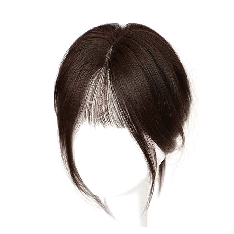 Arenzza partial bangs hair piece in natural hair, styled to showcase its realistic look and blending with hair.