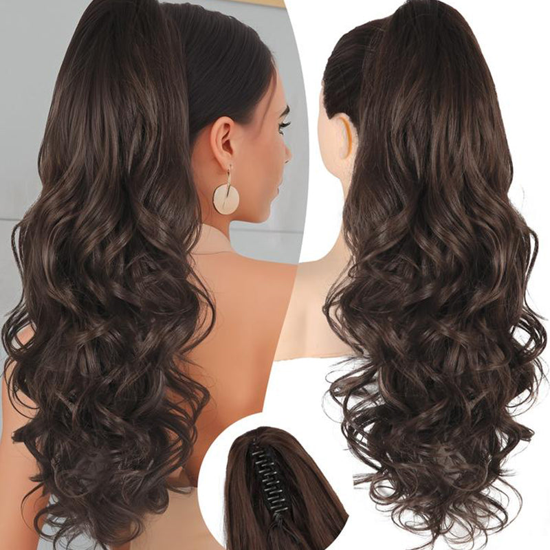 Arenzza clip-on wavy ponytail extension in purple, showcasing the textured, wavy hair extension attached to a hair mannequin.