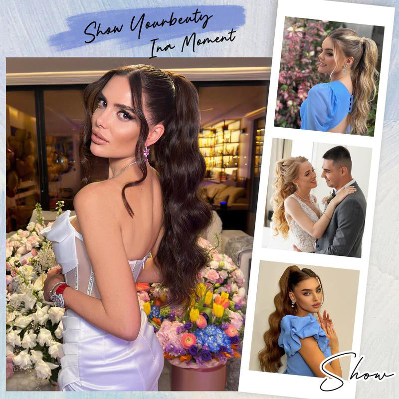 Arenzza clip-on wavy ponytail extension in vibrant violet color, styled in loose waves for a natural, voluminous look.