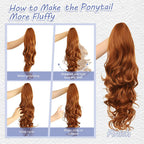 Arenzza clip-on wavy ponytail extension in a vibrant purple color, styled with soft waves and attached to a hair mannequin.