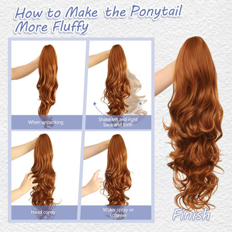 Arenzza clip-on wavy ponytail extension in a vibrant purple color, styled with soft waves and attached to a hair mannequin.