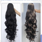 Aarenza clip-on wavy ponytail extension in purple, styled with loose waves, showing the hair extension attached to a model's ponytail.