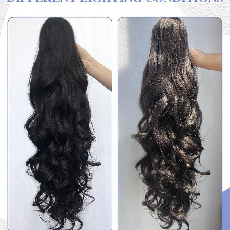 Aarenza clip-on wavy ponytail extension in purple, styled with loose waves, showing the hair extension attached to a model's ponytail.