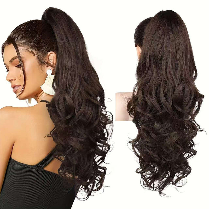 Arenzza clip-on wavy ponytail extension in vibrant purple, styled with soft waves for a natural, voluminous look.