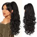 Arenzza clip-on wavy ponytail extension in dark brown, styled with soft waves, designed for easy hair enhancement and volume.
