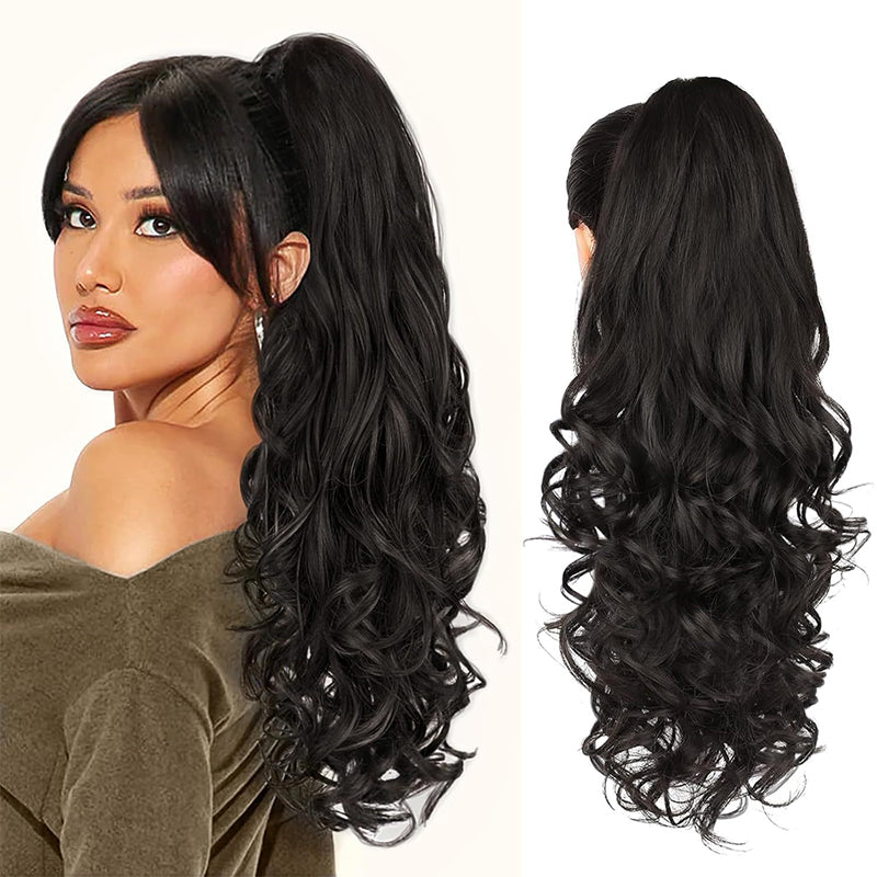 Arenzza clip-on wavy ponytail extension in dark brown, styled with soft waves, designed for easy hair enhancement and volume.