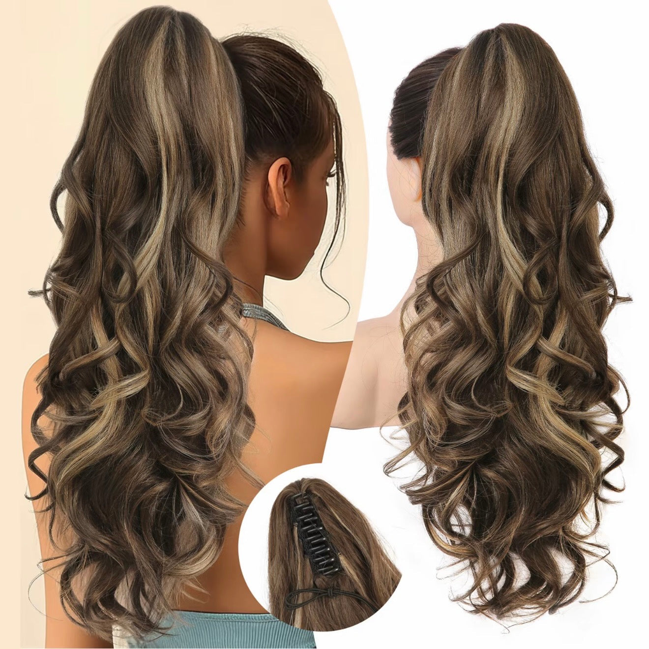 Arenzza clip-on wavy ponytail extension in vibrant purple, styled with loose waves for a full, fashionable hair look.