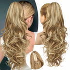 Aarenza clip-on wavy ponytail extension in a vibrant purple color, styled to showcase its length and wavy texture.