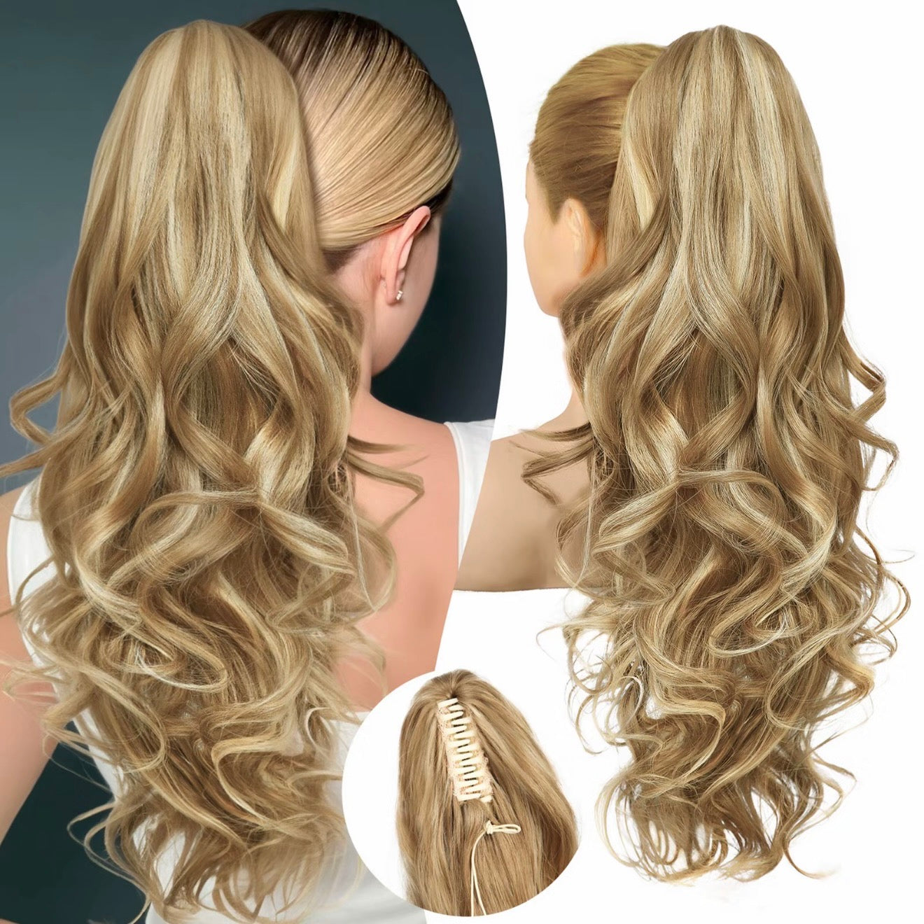 Aarenza clip-on wavy ponytail extension in a vibrant purple color, styled to showcase its length and wavy texture.