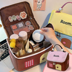 A colorful cartoon house-shaped cosmetic bag by Arenzza with large capacity and color-block design, ideal for travel and beauty essentials.