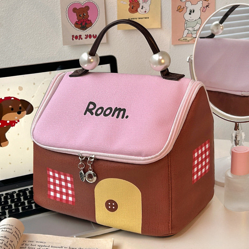 Aarenza large capacity cartoon house-shaped cosmetic bag in vibrant color blocks, designed for handheld storage in health and beauty.