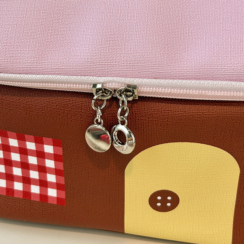 Aarenza large capacity color-block cartoon house-shaped handheld cosmetic bag for health and beauty storage.