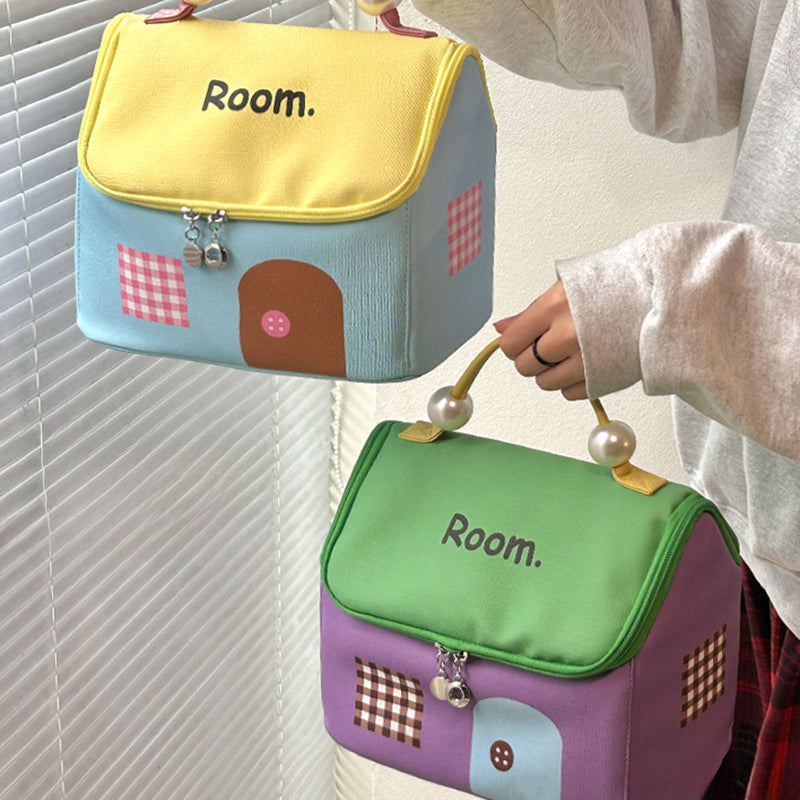 Aarenza large capacity color-block cartoon house-shaped handheld cosmetic bag with vibrant colors and playful design.