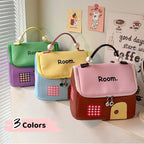 Aarenza large capacity color-block cartoon house-shaped handheld cosmetic bag for travel and beauty storage.
