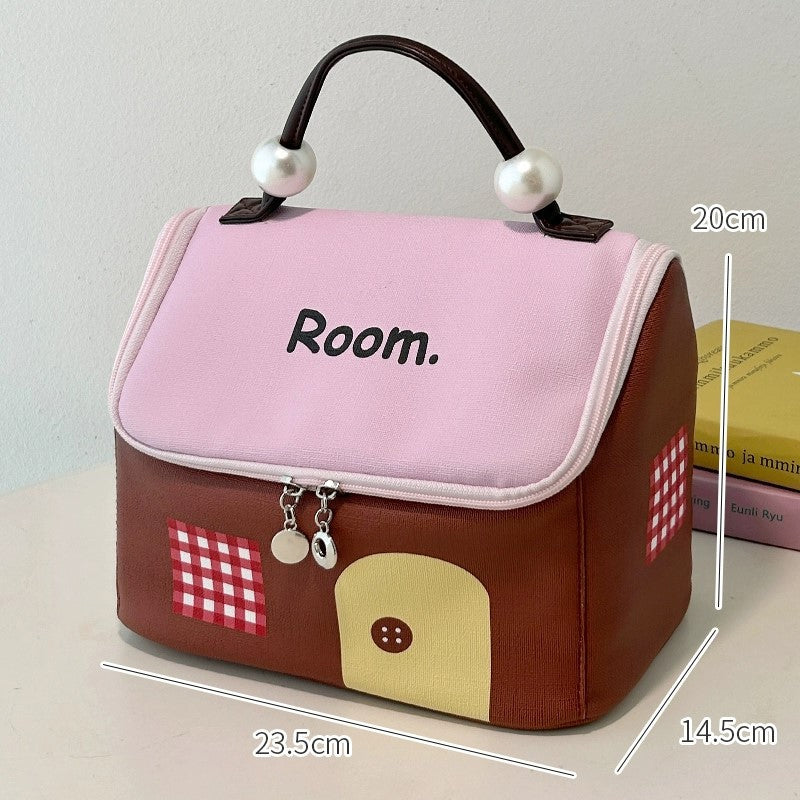 Aarenza large capacity cartoon house-shaped cosmetic bag in bright colors with color-block design, perfect for travel and storage.