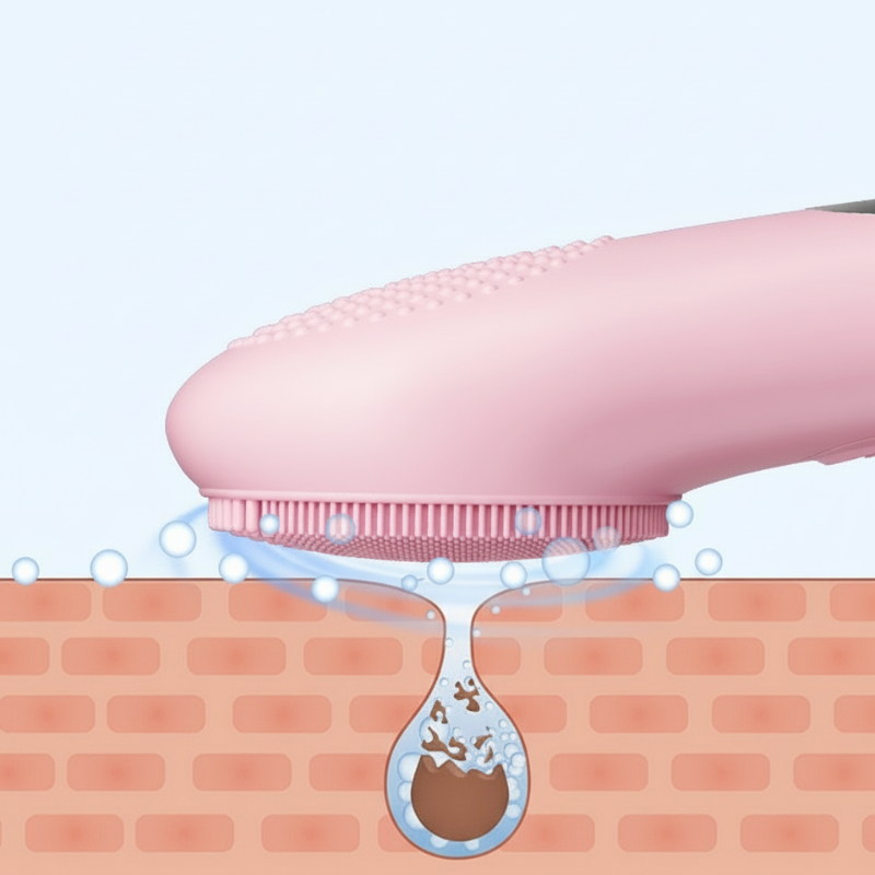 Arenzza electric face scrubber with heat and vibration for deep cleansing and skin rejuvenation, shown with textured silicone head.