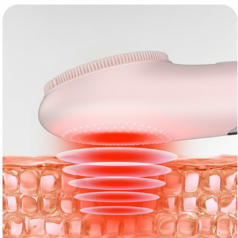 Arenzza electric face scrubber with heat and vibration features, showing a handheld skincare device with silicone bristles and control buttons.