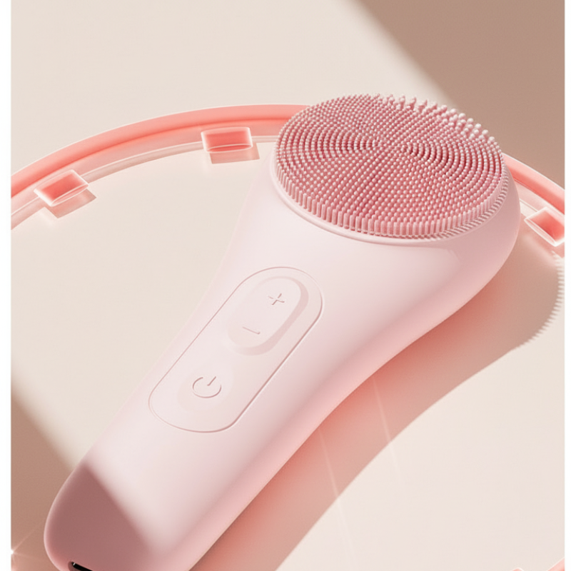 Arenzza electric face scrubber with heat and vibration, showing a handheld skincare device with textured silicone head for facial cleansing.