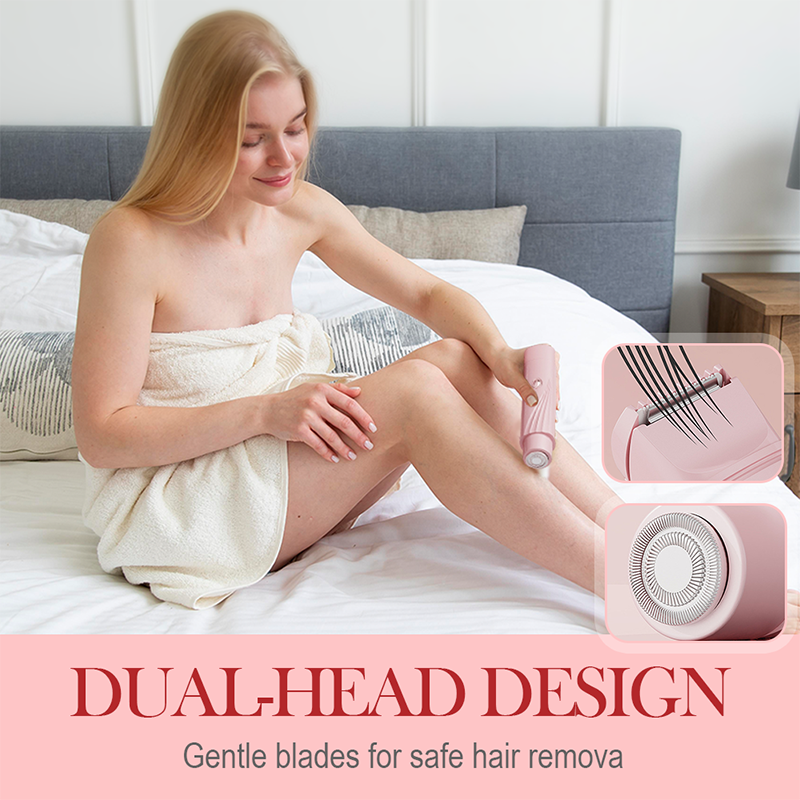 Arenzza portable dual-head electric epilator for hair removal, shown with sleek design and dual epilation heads for efficient use.
