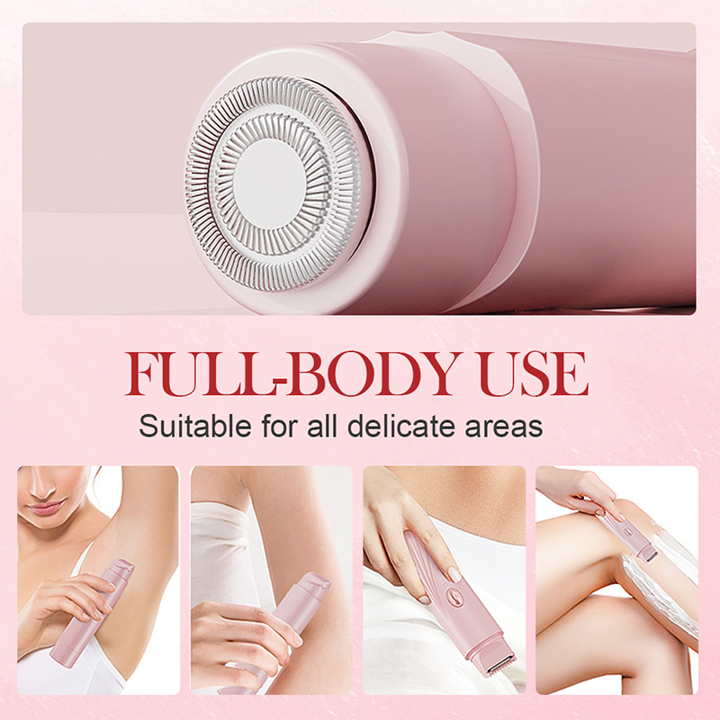 Arenzza portable dual-head electric epilator for hair removal, shown with dual metal heads and ergonomic handle in a health and beauty setting.