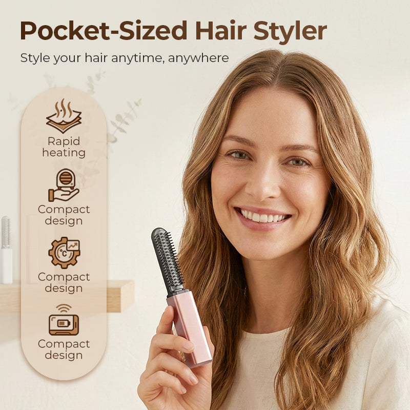 Arenzza portable cordless mini hair straightener comb with sleek black design, ideal for quick styling on the go.