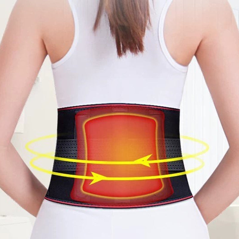 Arenzza electric heating waist belt with massage function, showing the belt wrapped around a person's waist for pain relief and comfort.