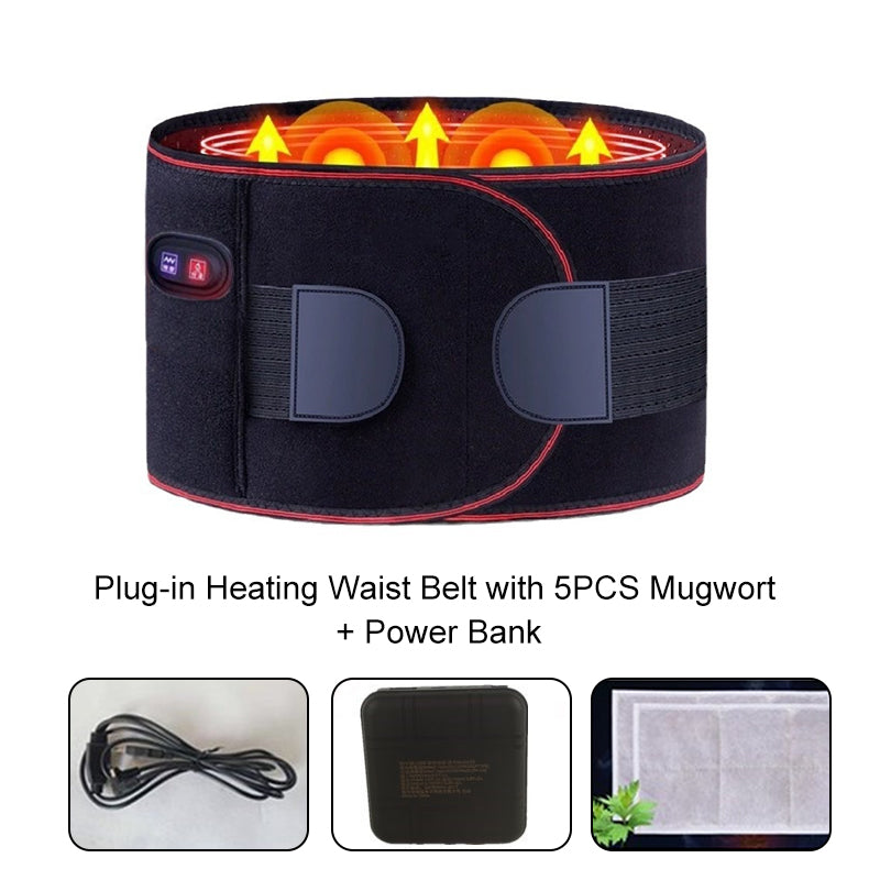 Arenzza electric heating waist belt with massage function, shown in black, featuring adjustable straps and control panel.