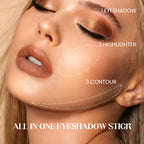 Arenzza glitter eyeshadow stick in three shades with waterproof, long-wearing, multi-use formula, featuring shimmering color and sleek design.