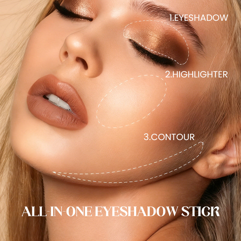 Arenzza glitter eyeshadow stick in three shades with waterproof, long-wearing, multi-use formula, featuring shimmering color and sleek design.