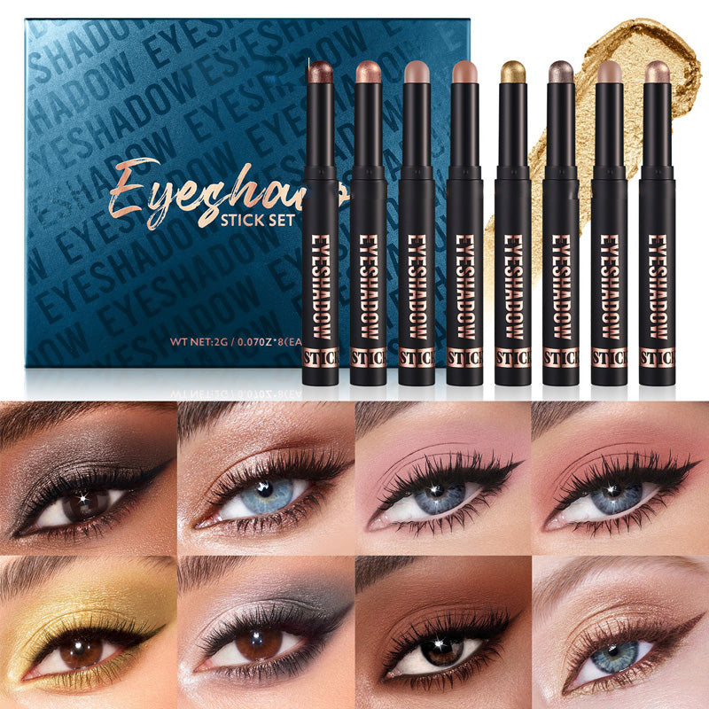 Arenzza glitter eyeshadow stick in multiple colors, waterproof and long-wearing, showcasing vibrant, shimmering eye makeup.