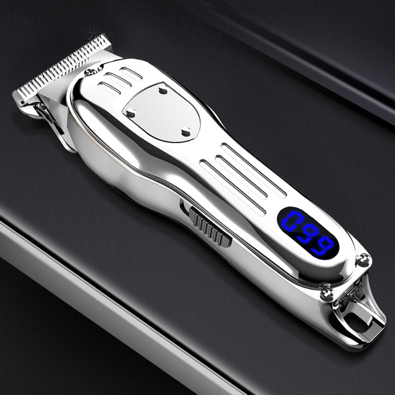 Arenzza vintage engraving LCD digital display hair clipper in black with ergonomic handle and metal blades for grooming.