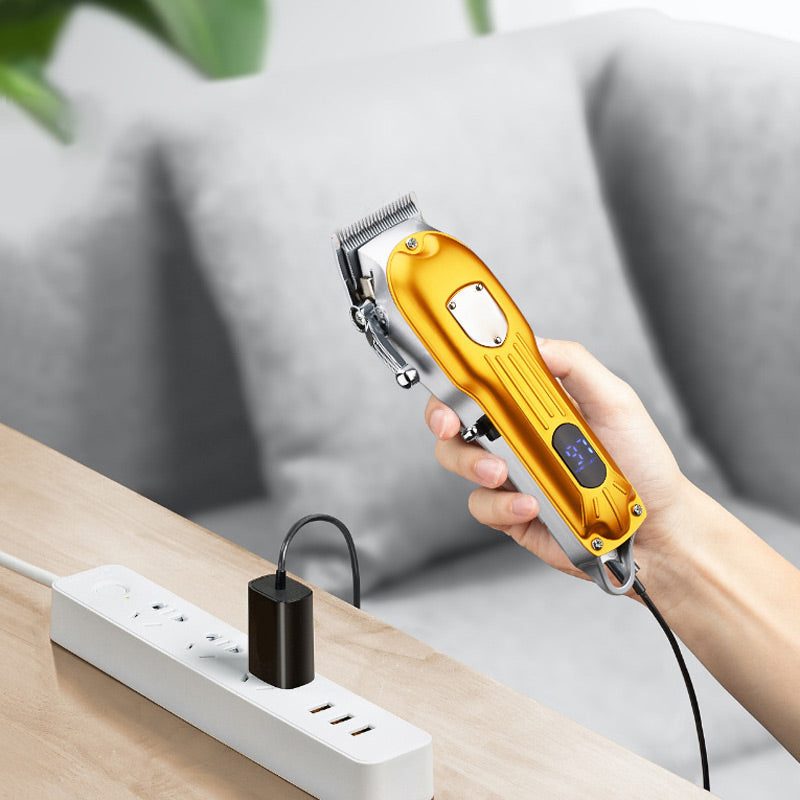 Arenzza vintage engraving LCD digital display hair clipper with sleek design, showing digital controls and adjustable blades.