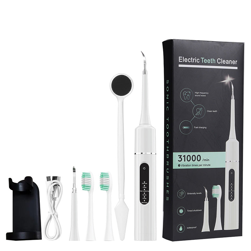 Arenzza ultrasonic teeth cleaner with multi-function and multi-speed settings, showcasing the device with attachments on a white background.