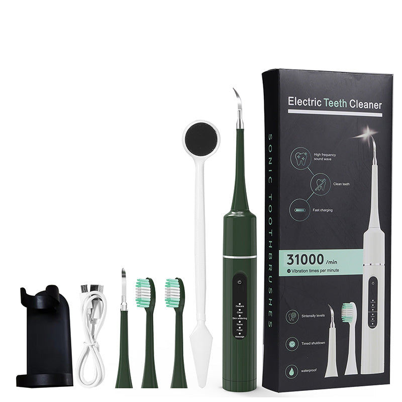 Arenzza ultrasonic teeth cleaner with multiple speed settings, showing a sleek handheld device for dental health and cleaning.