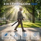Aarenza folding walking cane with seat, featuring a compact design, handle grip, and foldable frame for convenient mobility support.