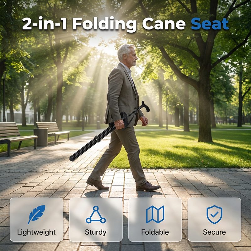 Aarenza folding walking cane with seat, featuring a compact design, handle grip, and foldable frame for convenient mobility support.