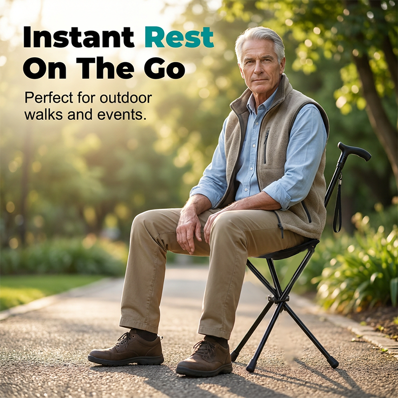 Arenzza folding walking cane with seat, lightweight mobility aid with built-in seat for comfort and support.