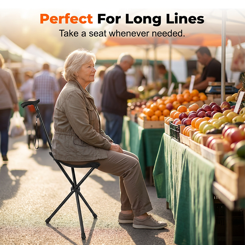 Arenzza folding walking cane with seat, lightweight and portable mobility aid, featuring a sturdy handle and compact design.