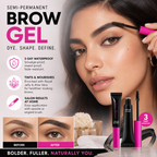 Arenzza vegan eyebrow gel in a clear tube showing 16-hour wear, buildable formula, and flake-resistant texture.