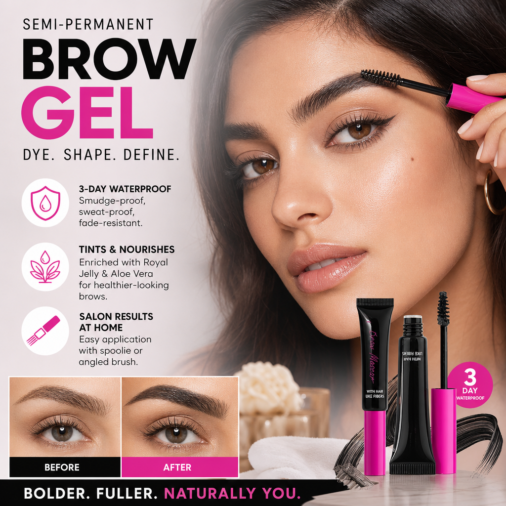 Arenzza vegan eyebrow gel in a clear tube showing 16-hour wear, buildable formula, and flake-resistant texture.