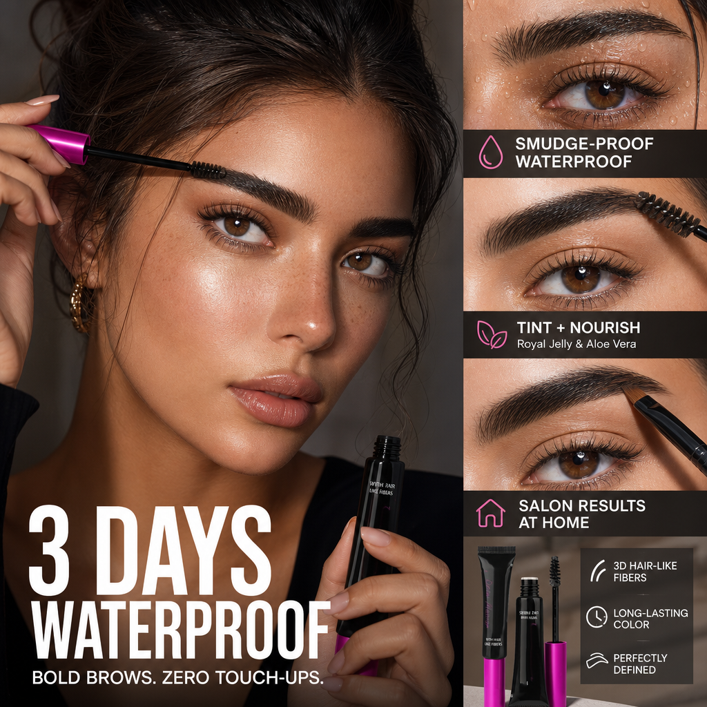 Arenzza vegan eyebrow gel in a sleek container, showcasing a buildable, flake-resistant formula with 16-hour wear for defined brows.