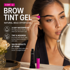 A woman applying Arenzza vegan eyebrow gel with natural makeup look, showcasing 16-hour wear and flake-resistant formula.